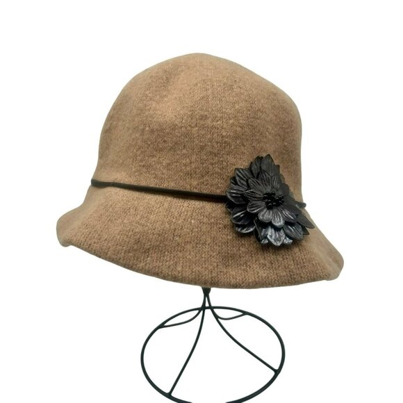 Liz Claiborne Y2K Hat Women OS Tan Brown Wool Blend Flower Cloche Bucket Boho‎ - Picture 1 of 8